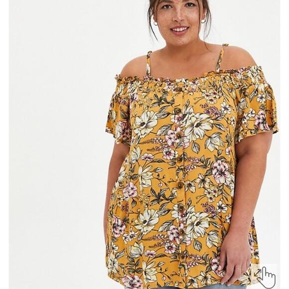 Torrid Yellow Floral Gauze Smocked Cold Shoulder Blouse - Size 2X (18/20) NWT - Picture 1 of 7